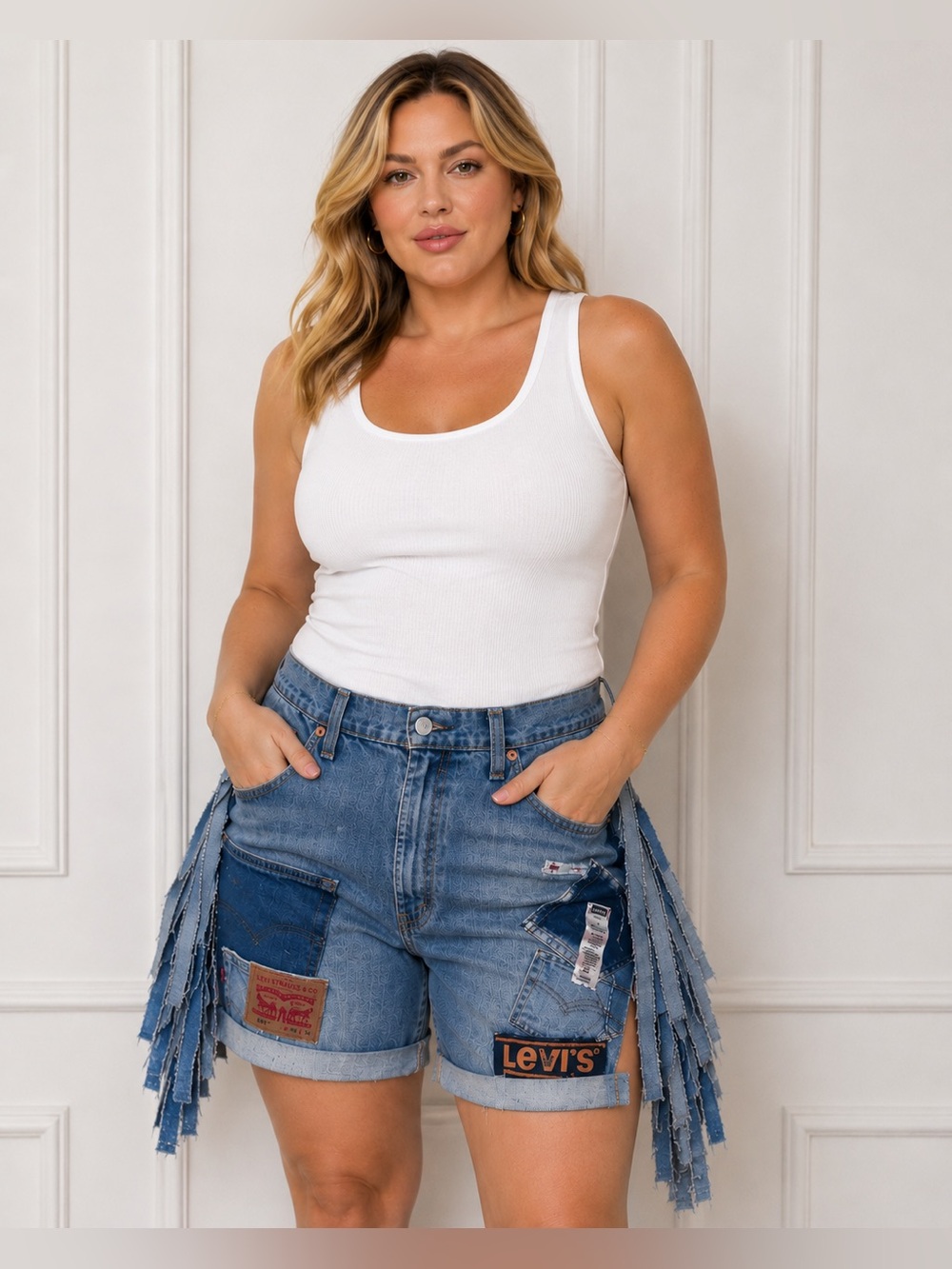 Upcycled Levi's Distressed Blue Denim Fringe Patchwork Shorts size XL/1X